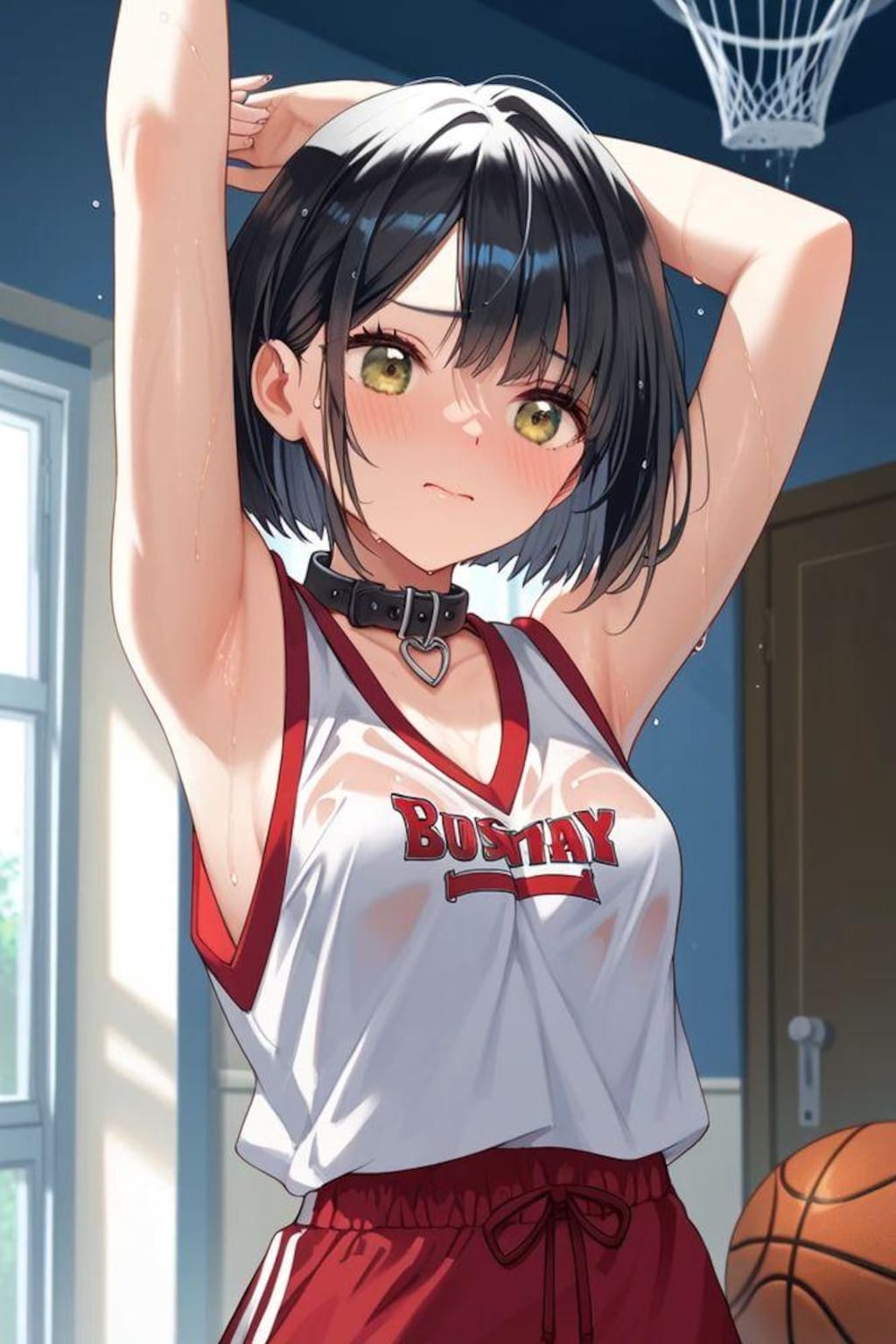 ユニフォームを着て首輪を試着するバスケちゃん