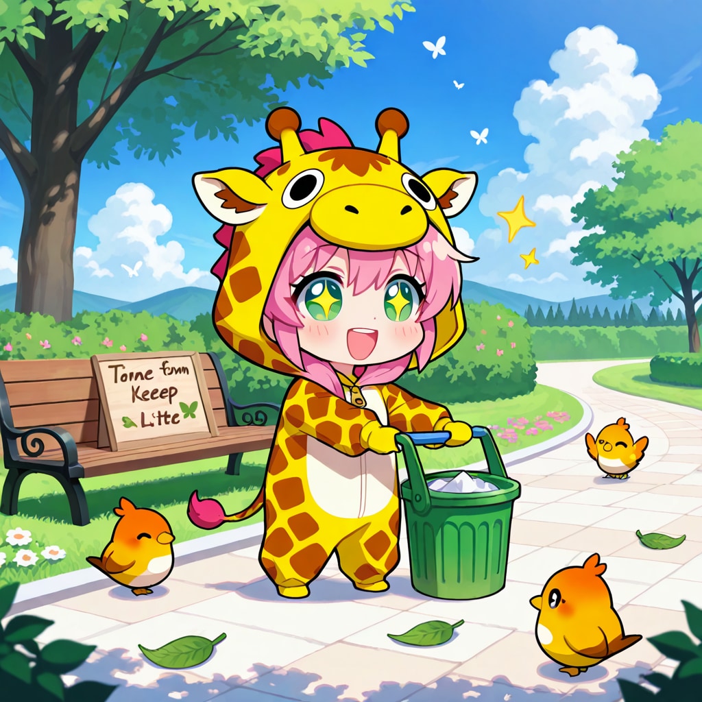 ゴミ拾いするキリン着ぐるみちび子ちゃん