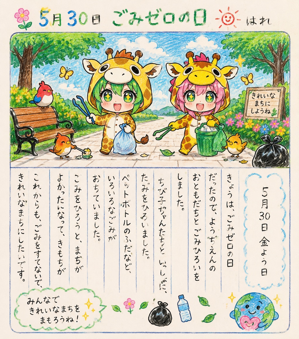 ゴミ拾いするキリン着ぐるみちび子ちゃん