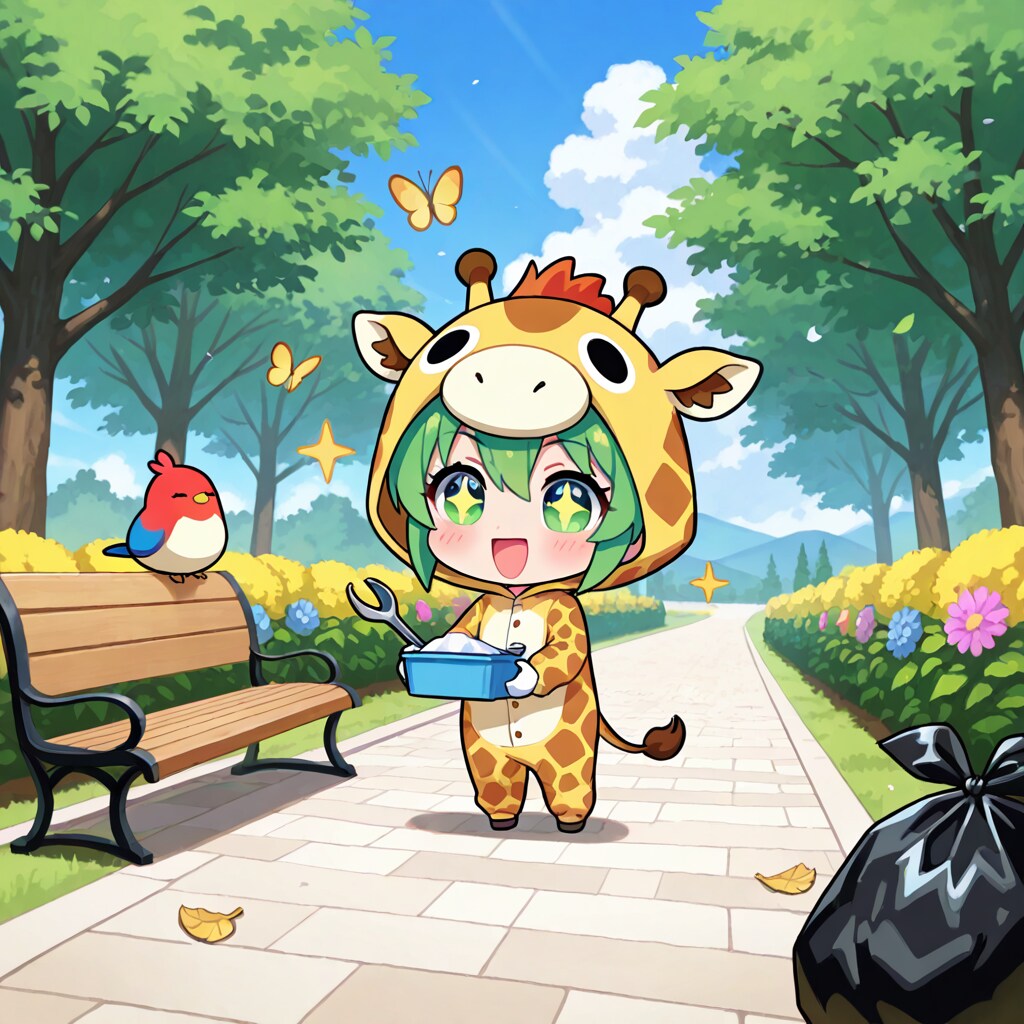 ゴミ拾いするキリン着ぐるみちび子ちゃん