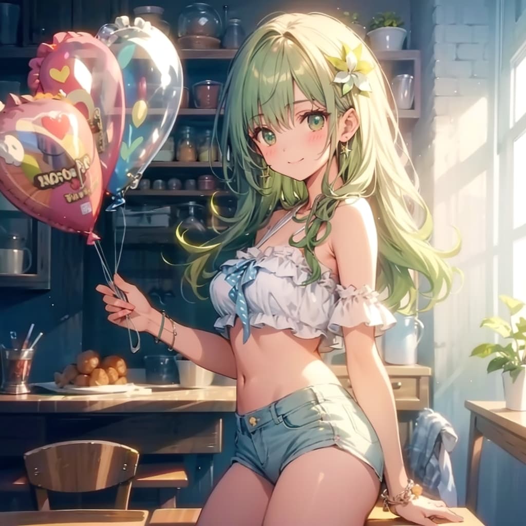 いっぱい風船を持つ緑髪ロングの美女。