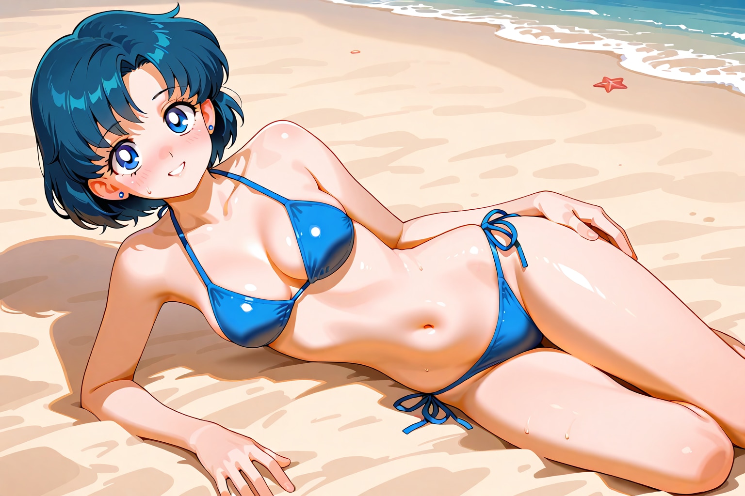 浜辺で寝そべる水野亜美