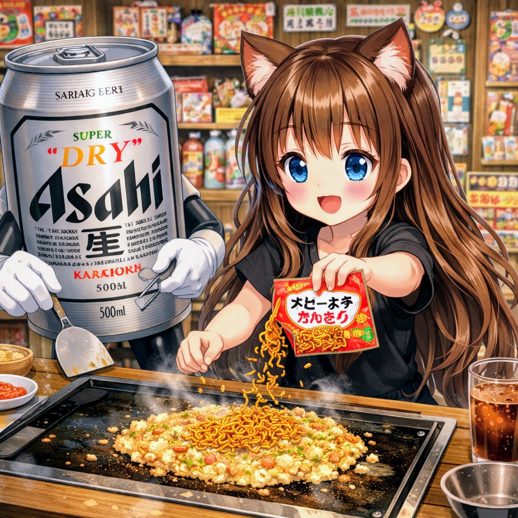 駄菓子屋でもんじゃ焼きを作る小さな女の子