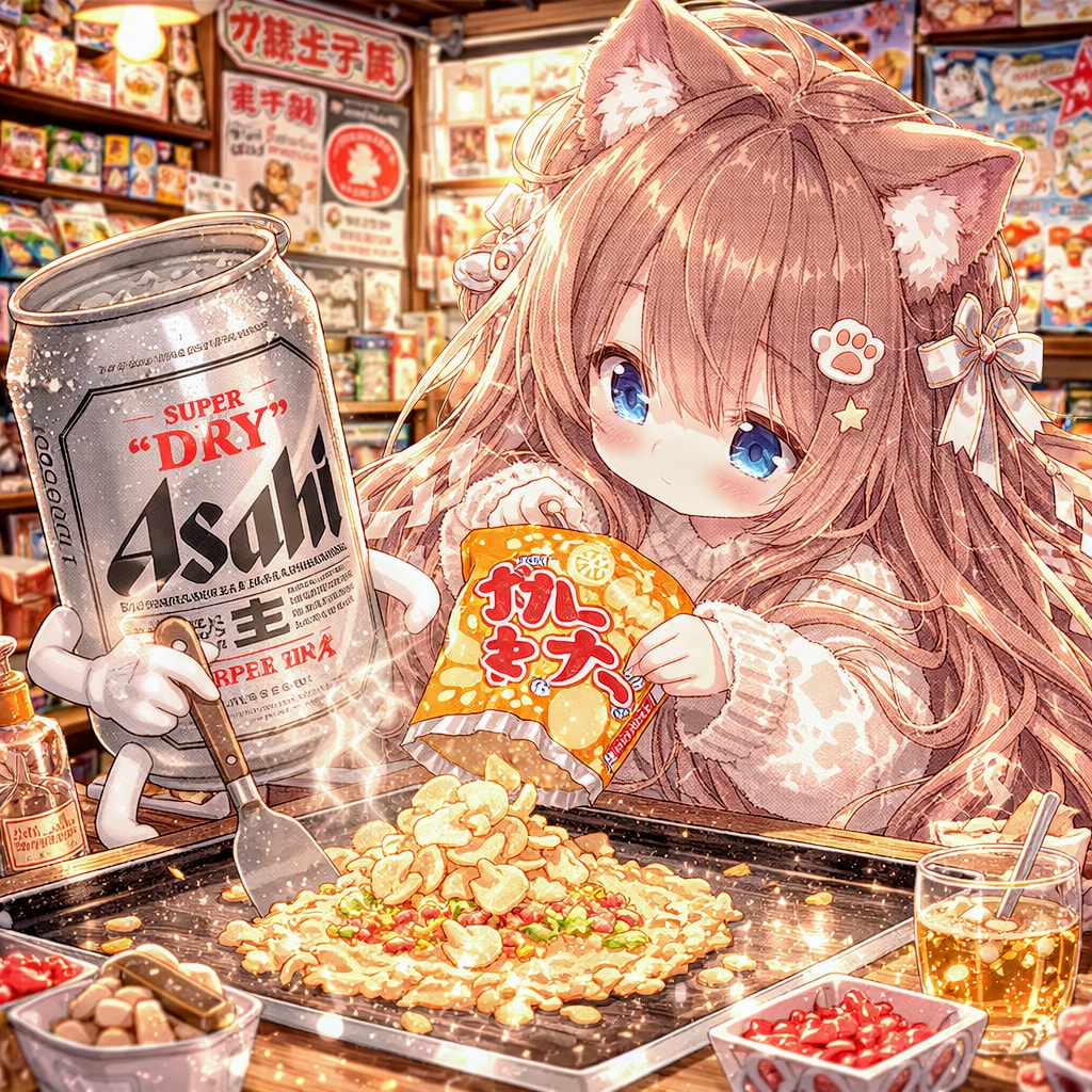 駄菓子屋でもんじゃ焼きを作る小さな女の子