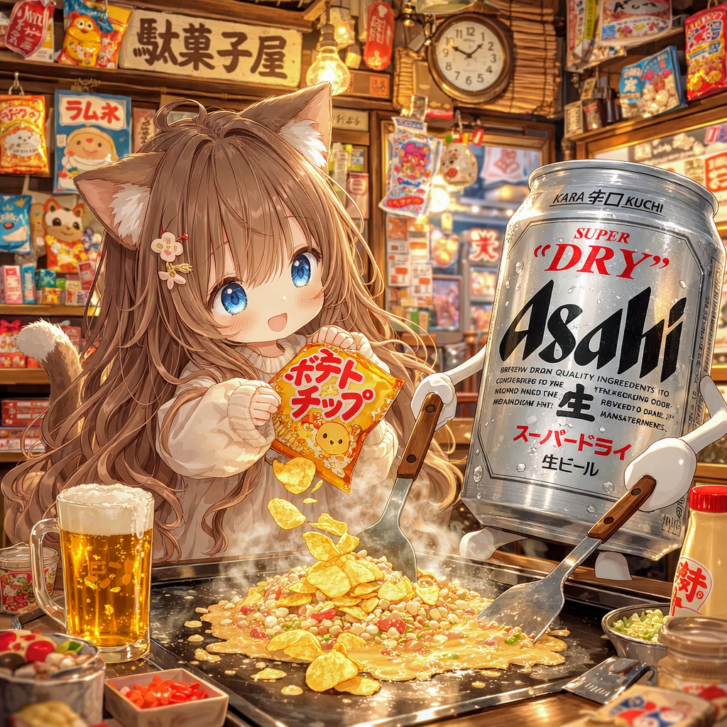 駄菓子屋でもんじゃ焼きを作る小さな女の子