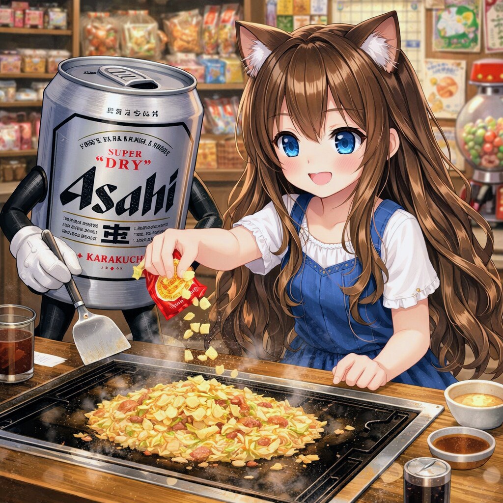 駄菓子屋でもんじゃ焼きを作る小さな女の子