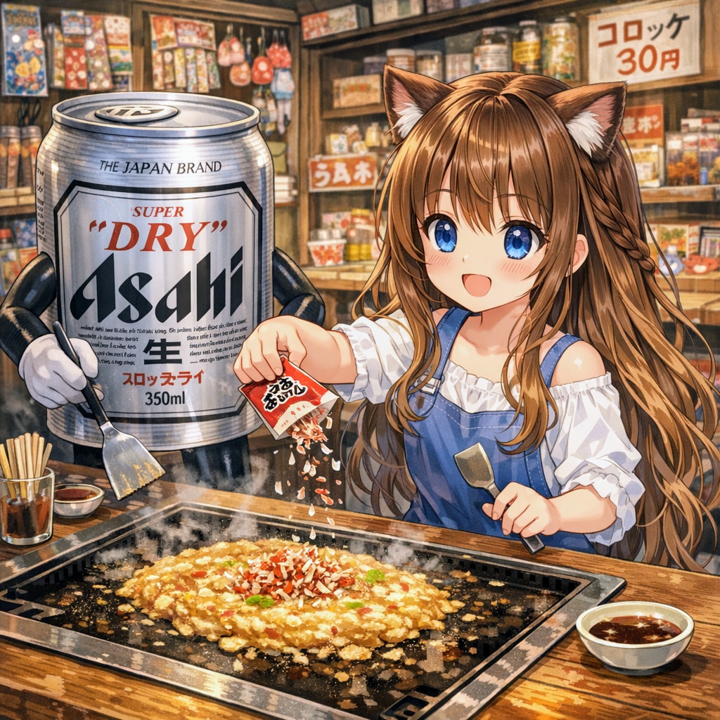 駄菓子屋でもんじゃ焼きを作る小さな女の子