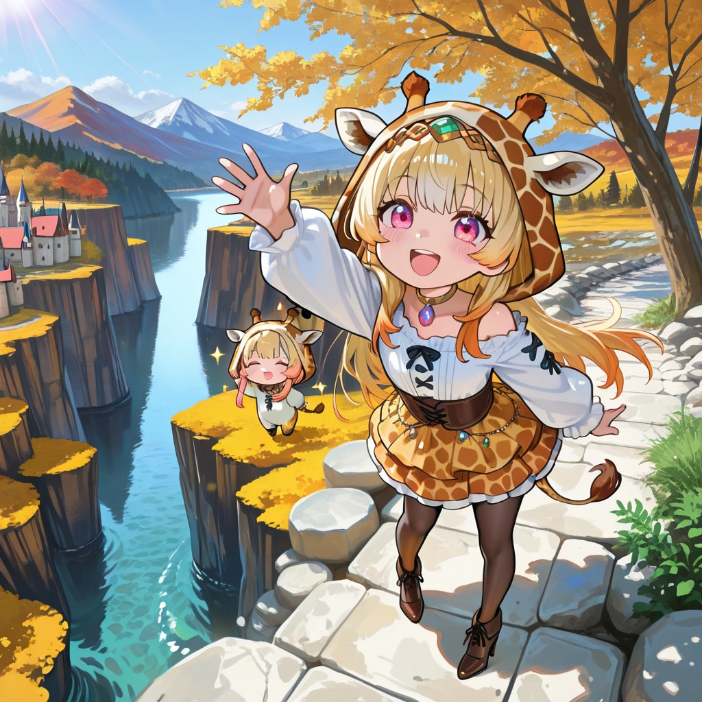 秋の渓谷とお城とキリンフーディーちび子ちゃんとミニちびちゃん | の人気AIイラスト・グラビア