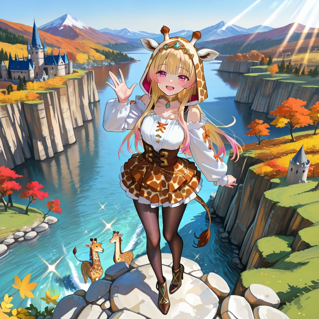 秋の渓谷とお城とキリンフーディーちび子ちゃんとミニちびちゃん