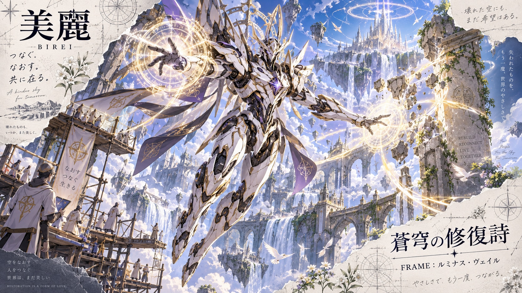A white and gold guardian reaching across a broken sky, weaving scattered ruins back into one shinin | の人気AIイラスト・グラビア
