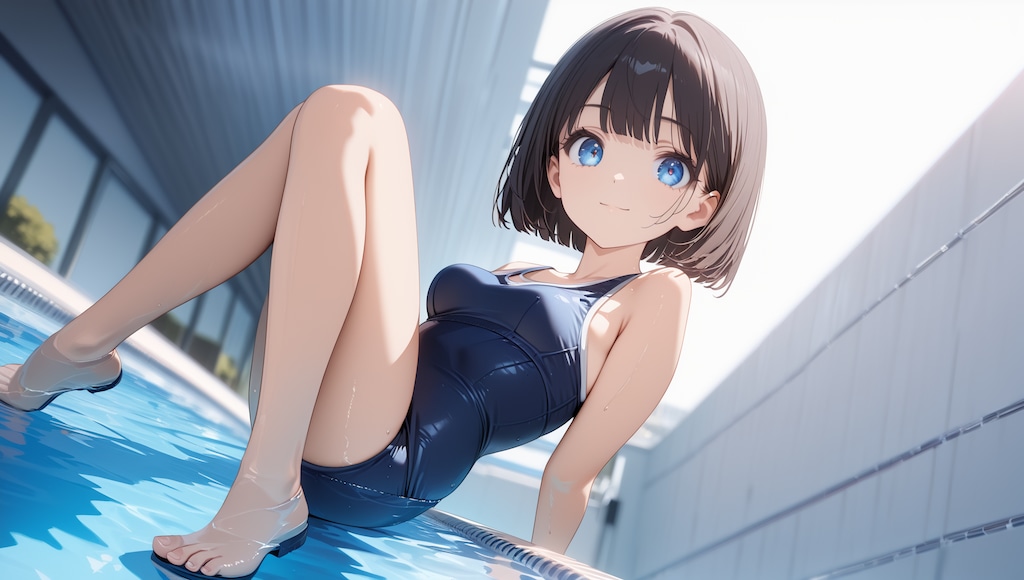 スクール水着を着て浅いプールでお遊び
