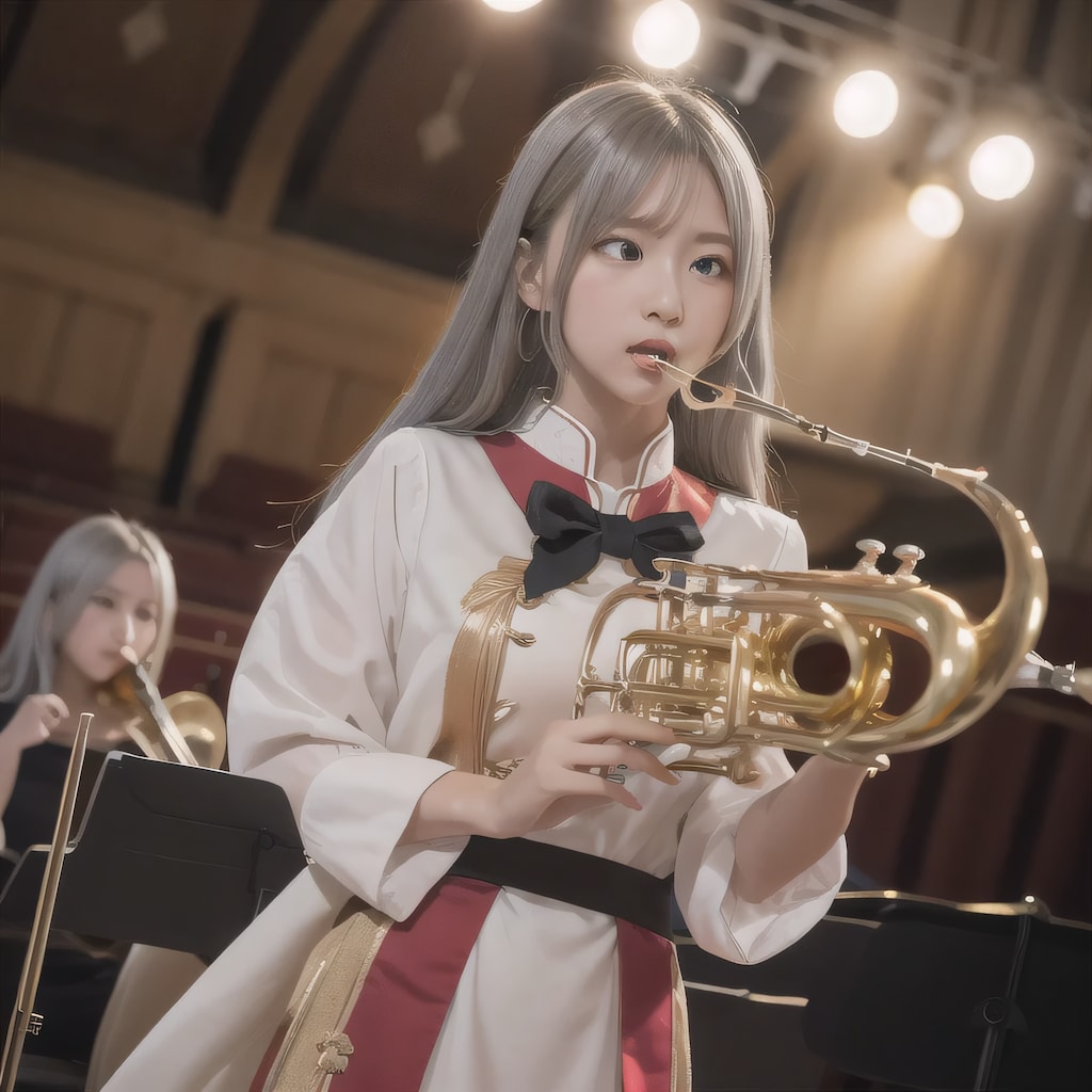 銀髪ロングでブラスバンドの美女