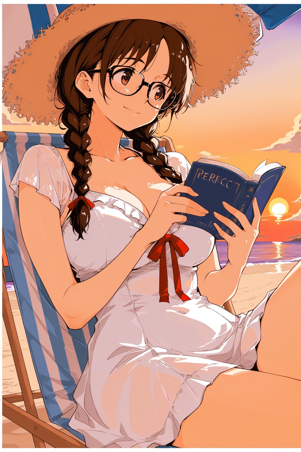 浜辺の夕暮れの中で読書に勤しむしおりさん