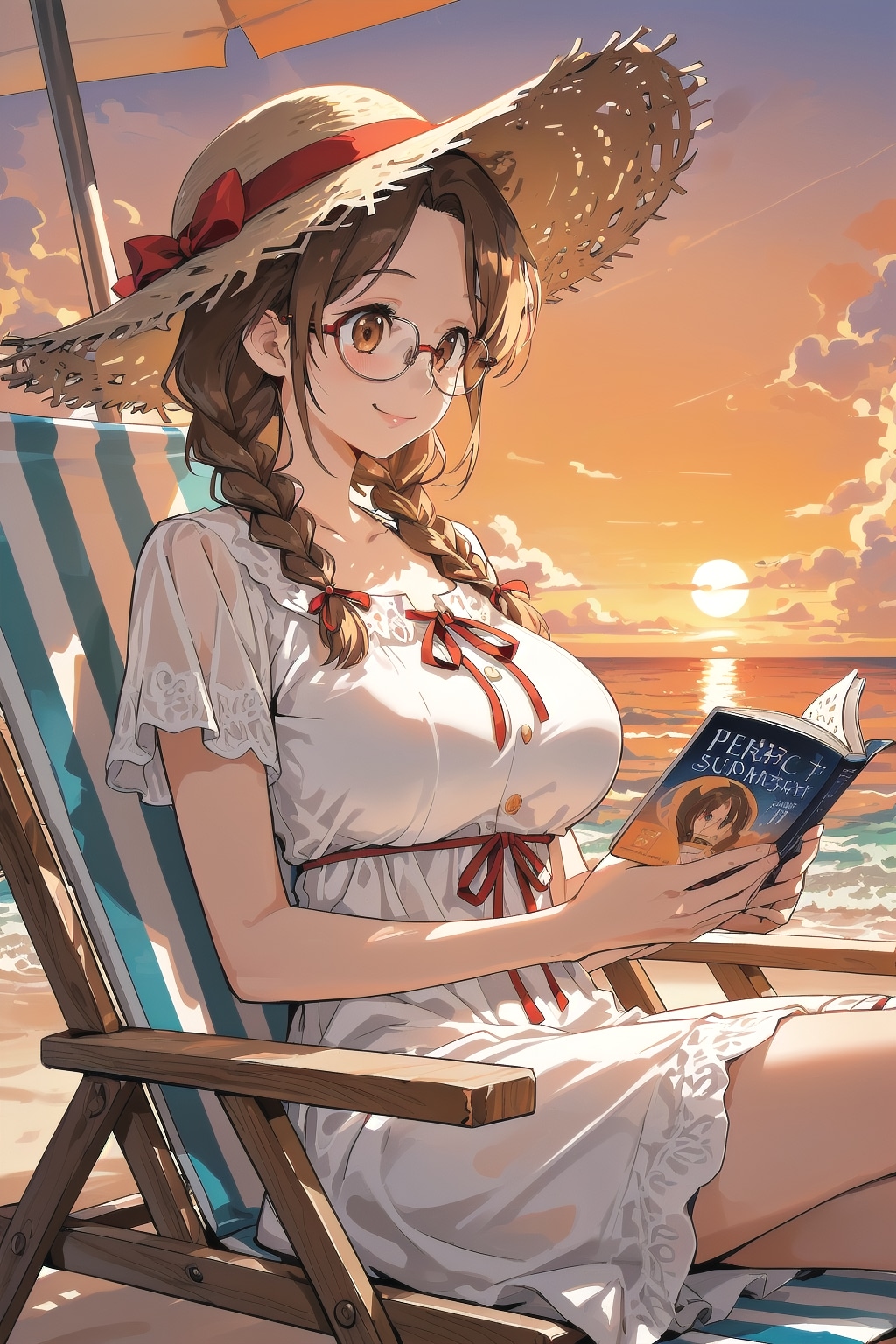 浜辺の夕暮れの中で読書に勤しむしおりさん