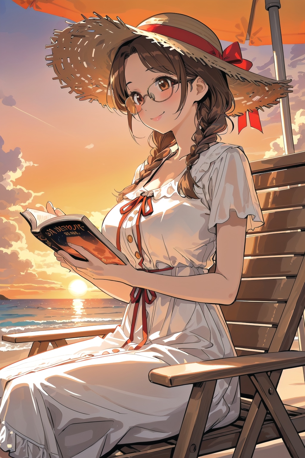 浜辺の夕暮れの中で読書に勤しむしおりさん
