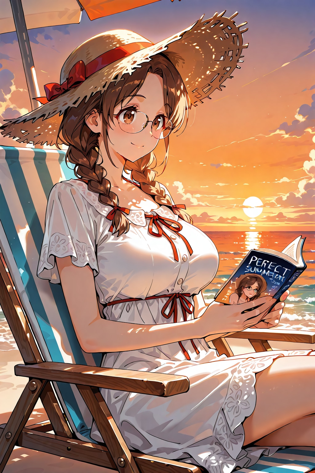浜辺の夕暮れの中で読書に勤しむしおりさん