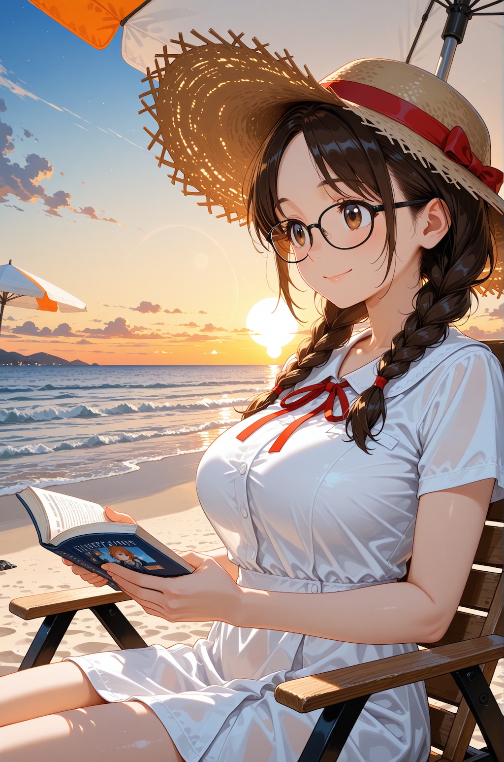 浜辺の夕暮れの中で読書に勤しむしおりさん