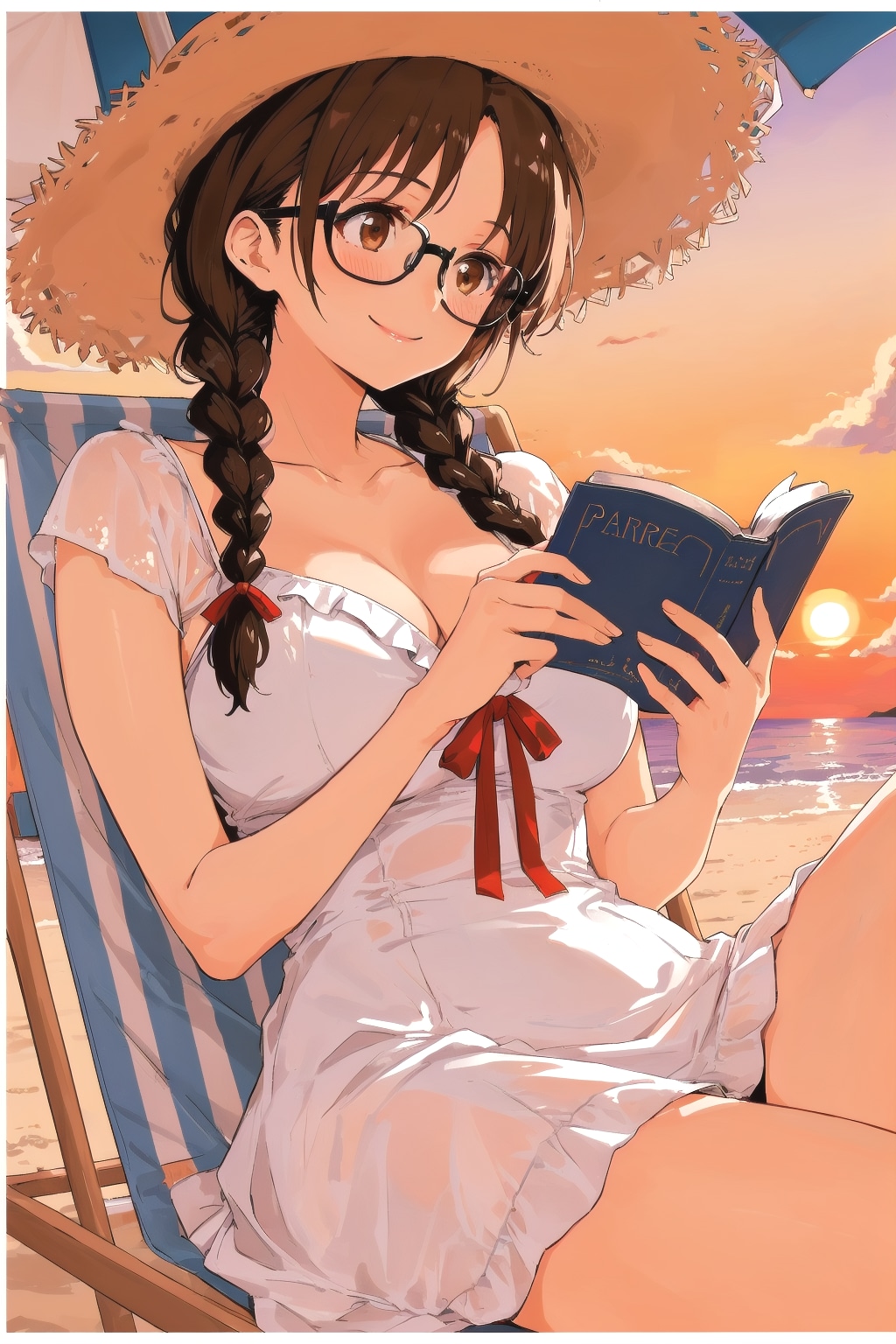 浜辺の夕暮れの中で読書に勤しむしおりさん