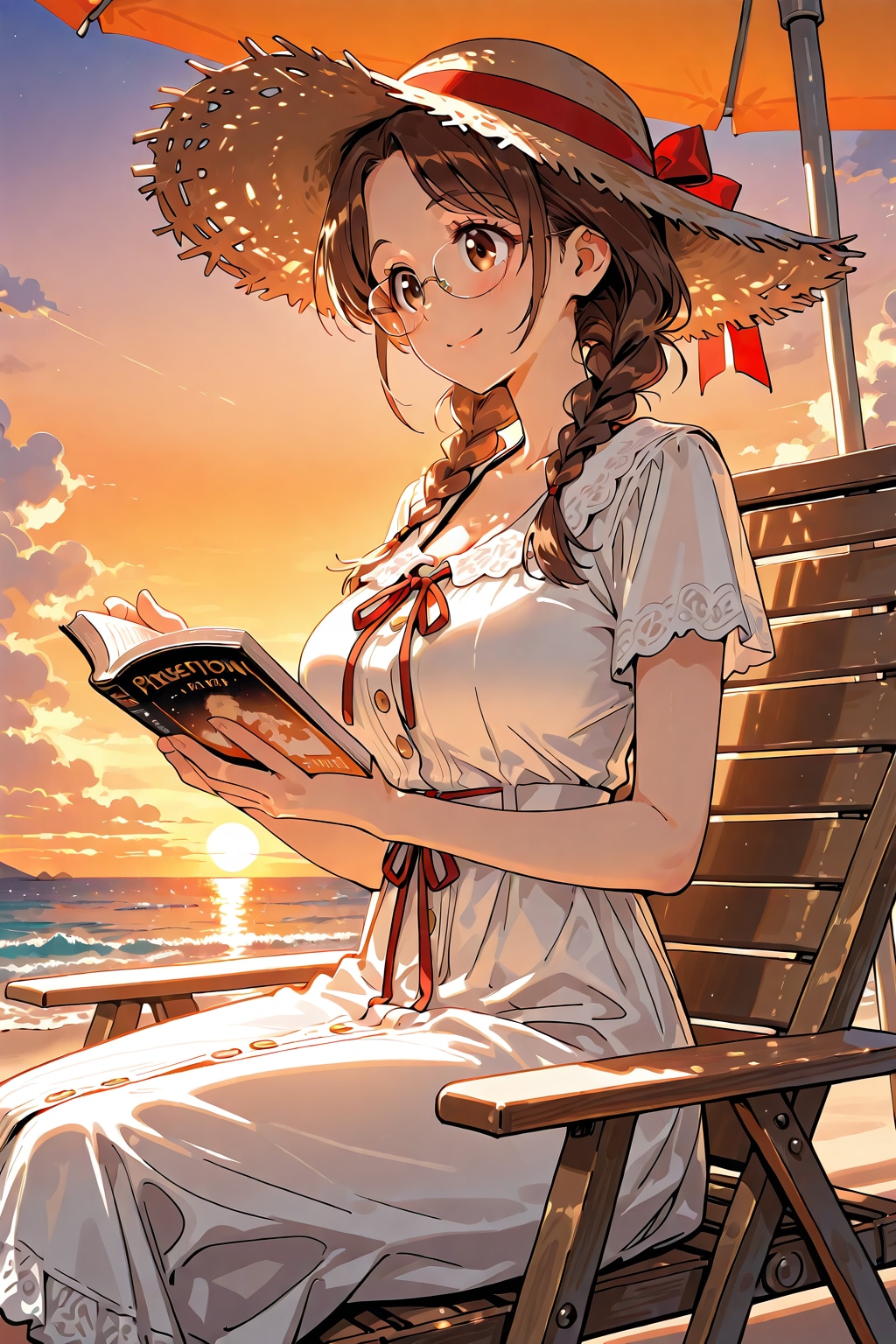 浜辺の夕暮れの中で読書に勤しむしおりさん