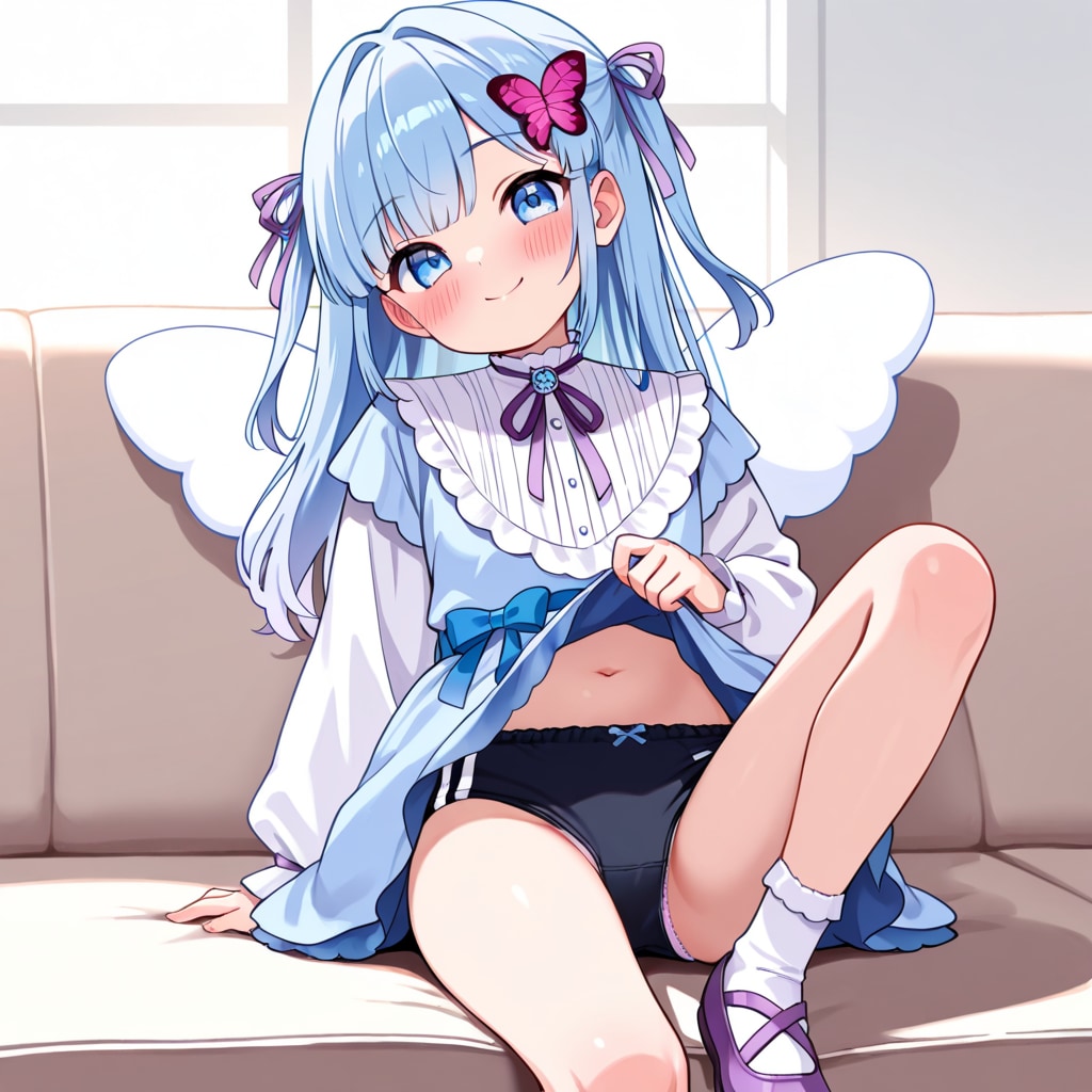 瑠璃野ねもがソファで片足をあげてパンチラ