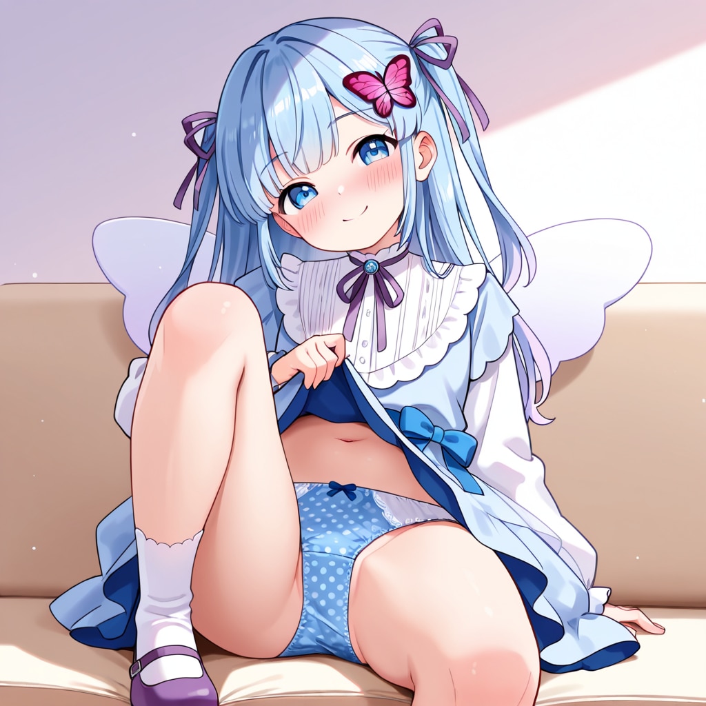 瑠璃野ねもがソファで片足をあげてパンチラ