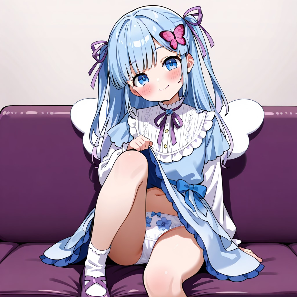 瑠璃野ねもがソファで片足をあげてパンチラ