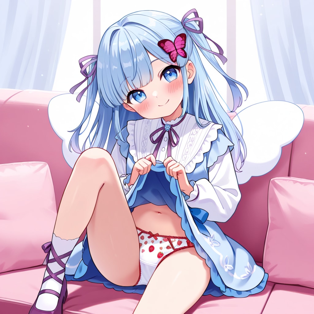 瑠璃野ねもがソファで片足をあげてパンチラ
