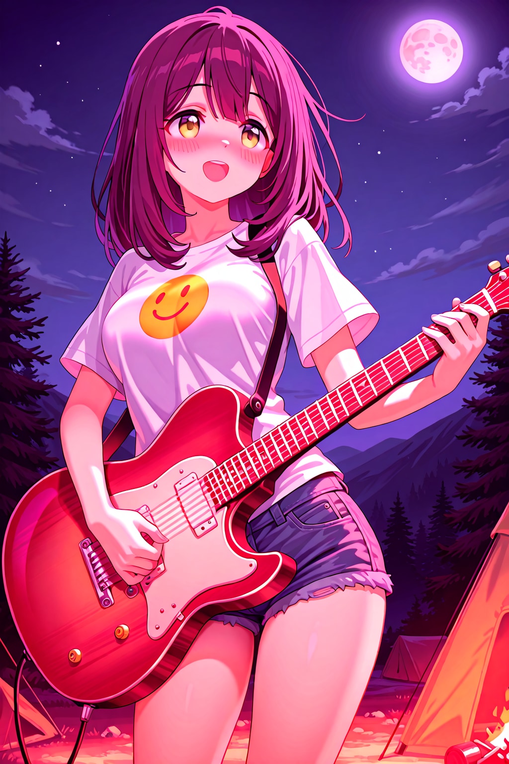 キャンプ場でギターを弾く綾乃(ちちぷい版)