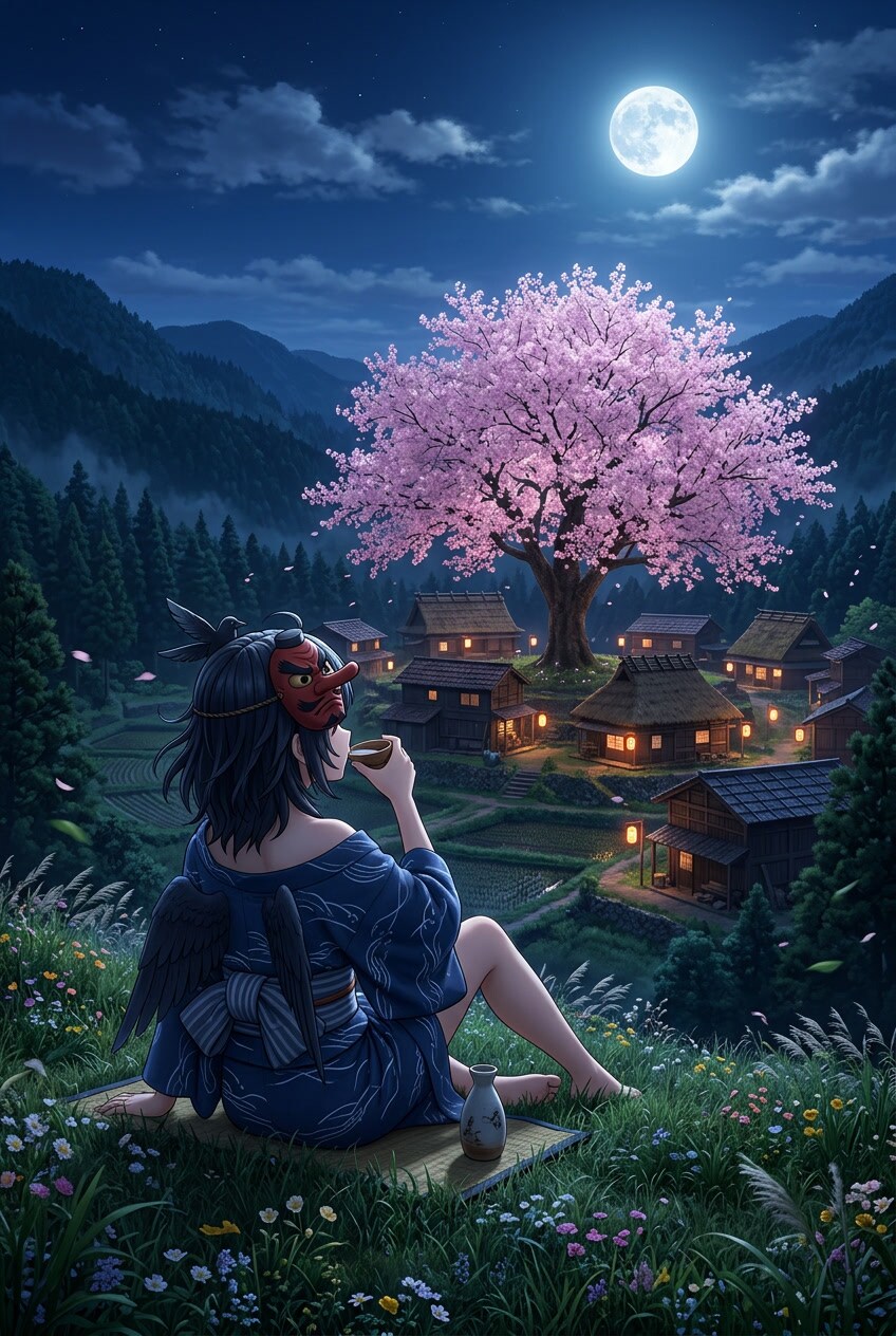夜桜と月を見ながらお酒を飲む天狗姉さん