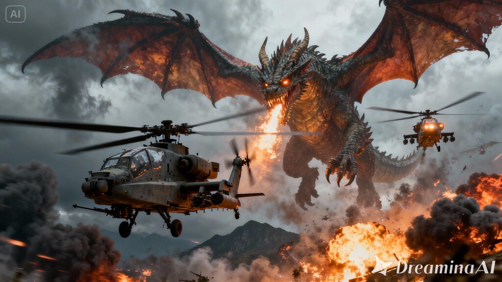 Attack Helicopter vs Dragon