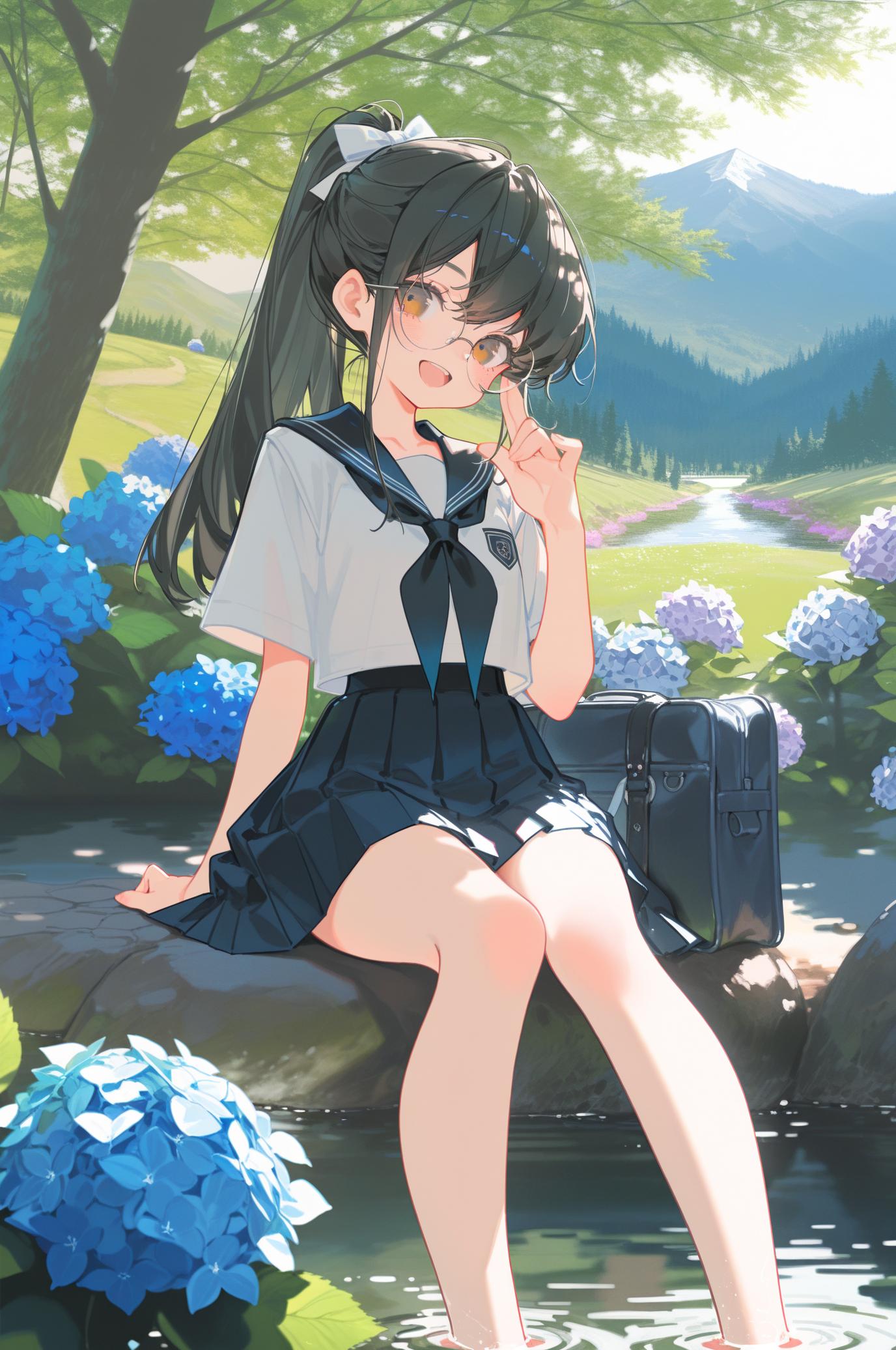 紫陽花と渓流、そして眼鏡っ娘