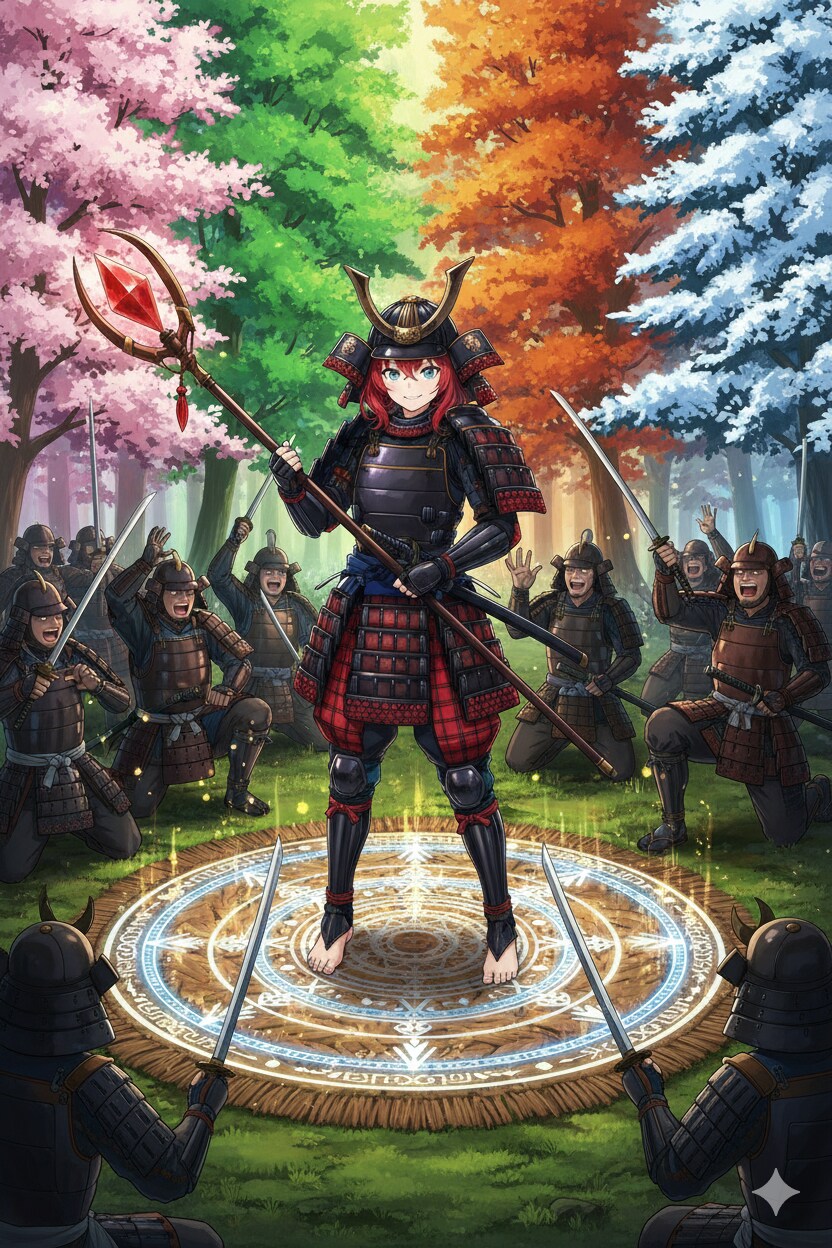 【織ちゃん生誕祭】四季の森で織ちゃんが敷物の上で儀式をして魔法を使って兵隊の士気が上がってる絵