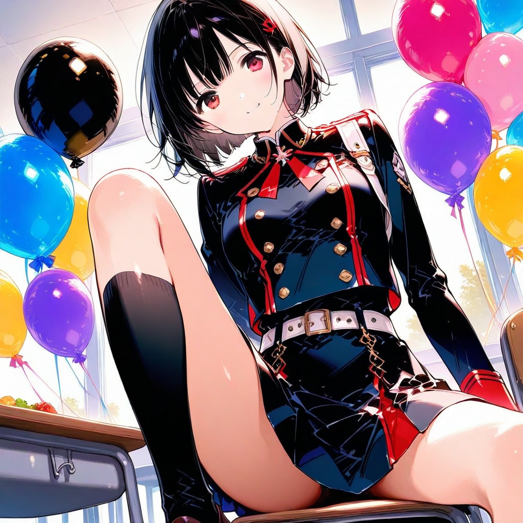 学校の教室でいっぱい風船を膨らませて遊ぶ黒髪ショートカットの美少女。