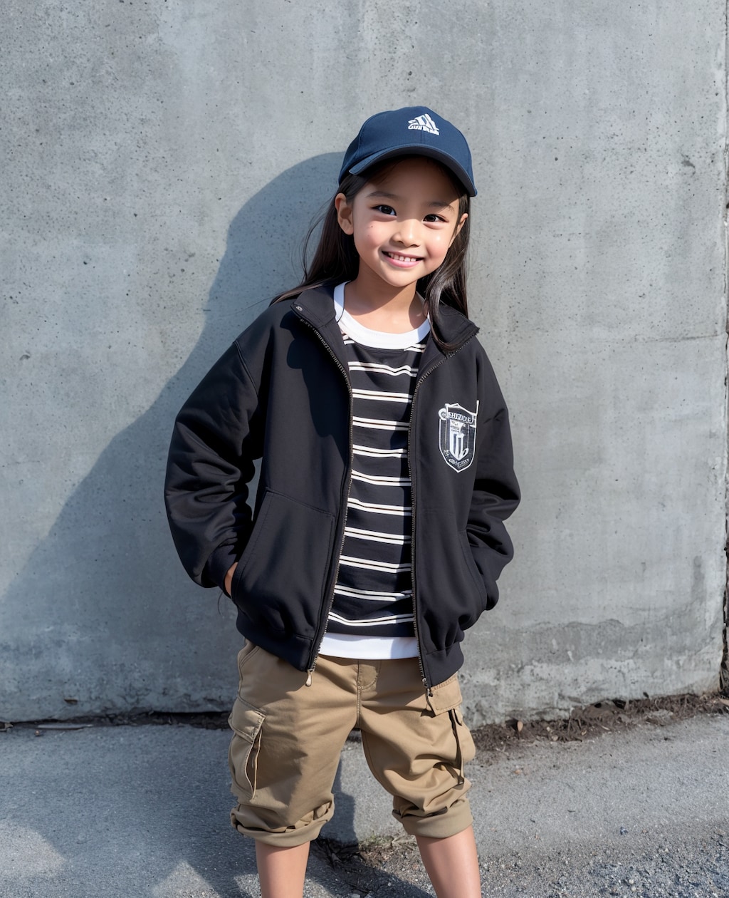 ブルーのキャップに合わせた秋コーデ