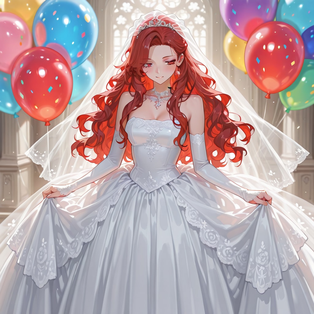 いっぱい色とりどりの風船を持つ赤い髪ロングウェーブヘアのウェディングドレス着た美女 | の人気AIイラスト・グラビア