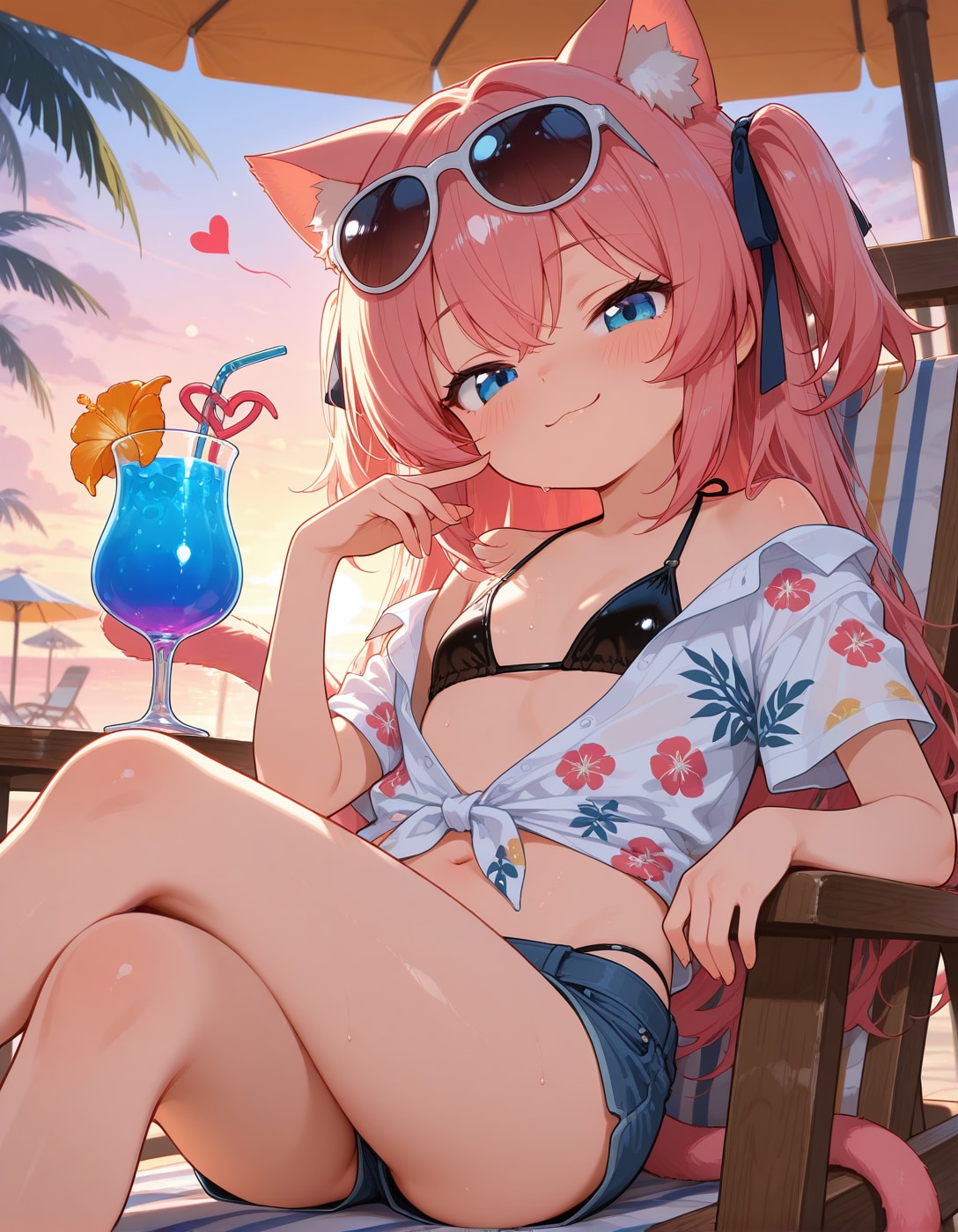 ピンクの猫耳ロリが南国リゾートを満喫してるようです(∩´∀`∩)💕