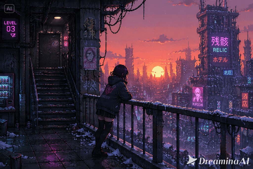 サイバーパンク廃墟？と冬の夕焼け
