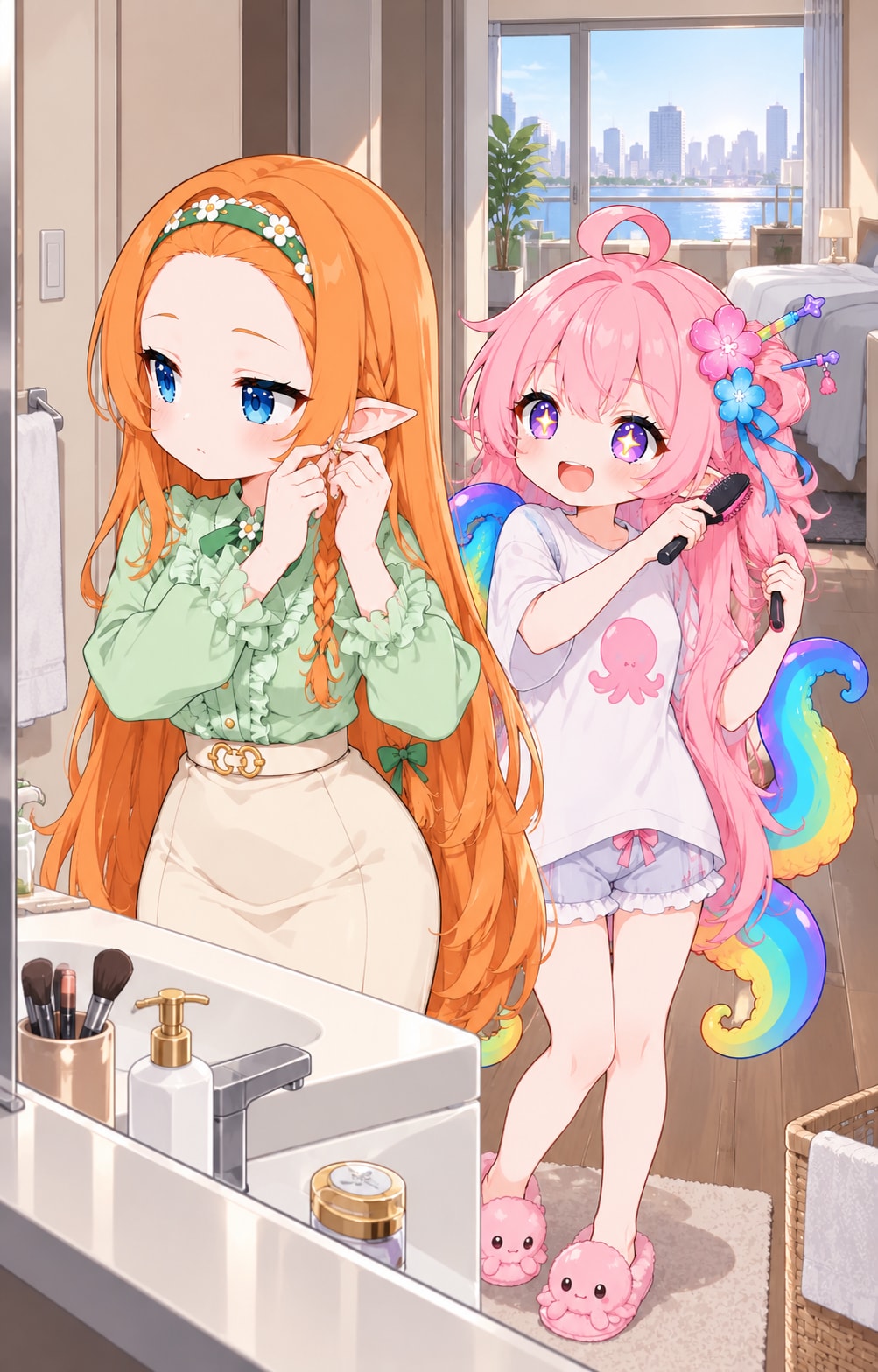 身支度をするでこオレンジと桃タコ | の人気AIイラスト・グラビア