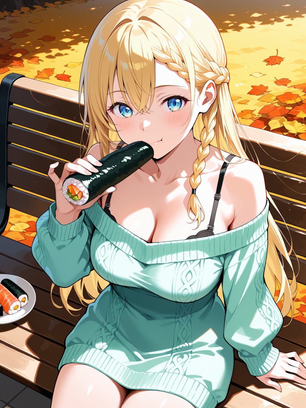 秋の公園でお寿司を食べる