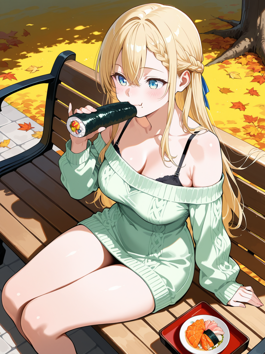 秋の公園でお寿司を食べる