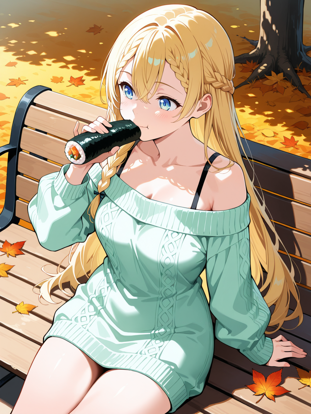 秋の公園でお寿司を食べる