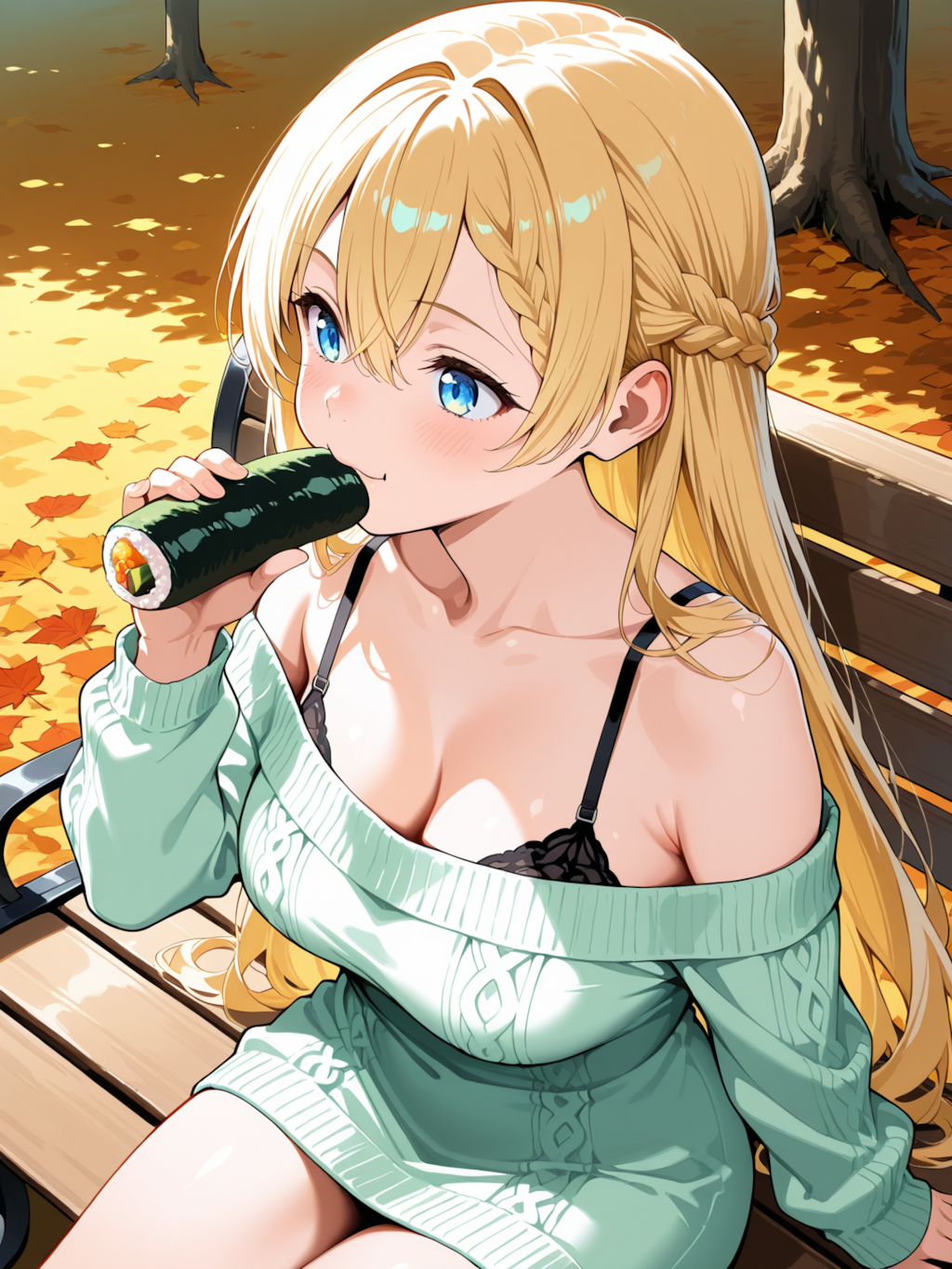 秋の公園でお寿司を食べる