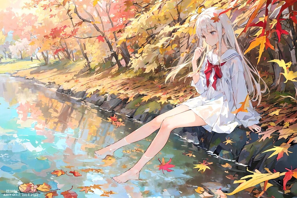 紅葉と裸足少女