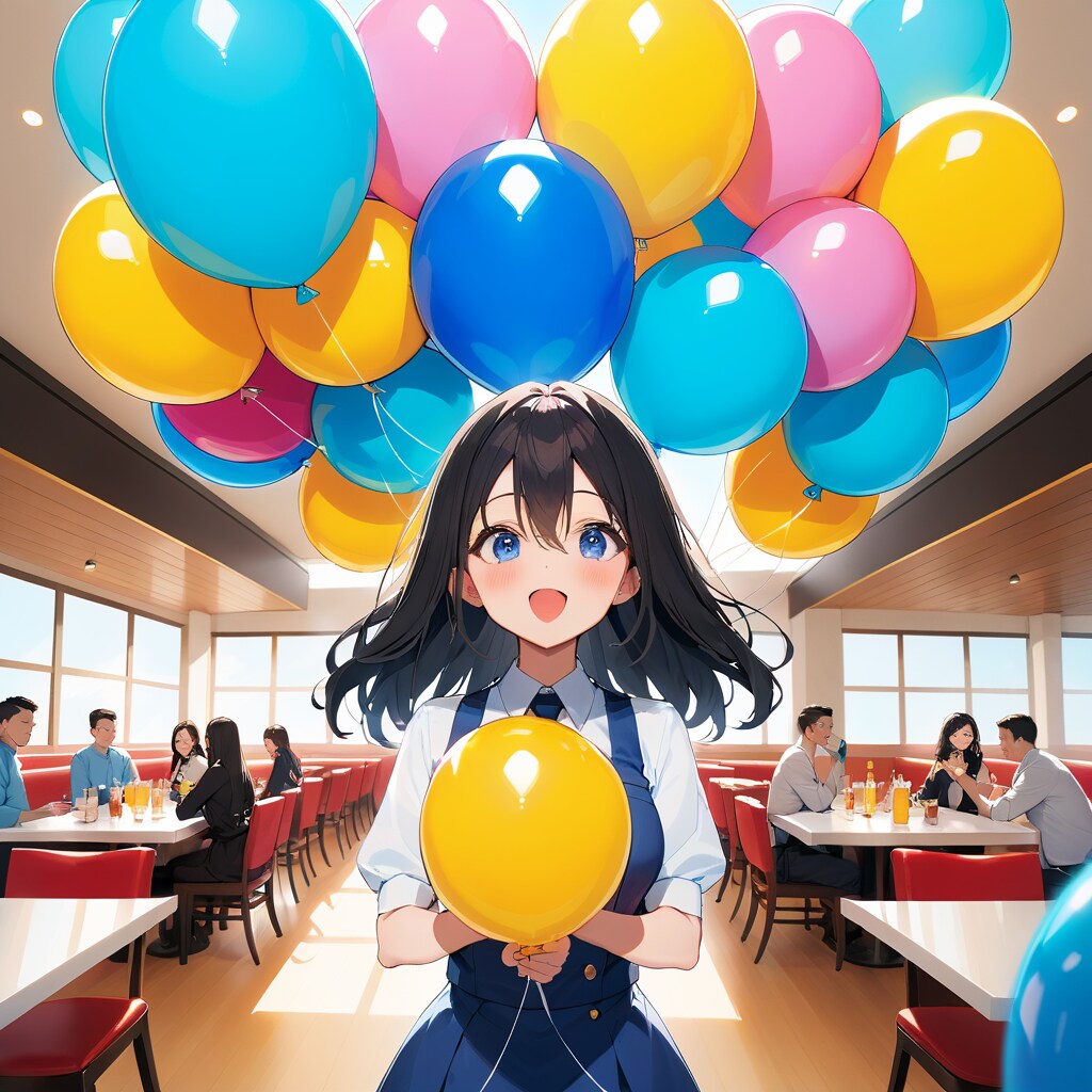 レストランで風船をプレゼントする女性店員さん | の人気AIイラスト・グラビア