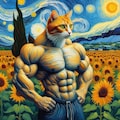 油絵 ひまわり畑の筋肉猫の風景 3枚目
