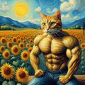 油絵 ひまわり畑の筋肉猫の風景 4枚目