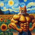 油絵 ひまわり畑の筋肉猫の風景 2枚目