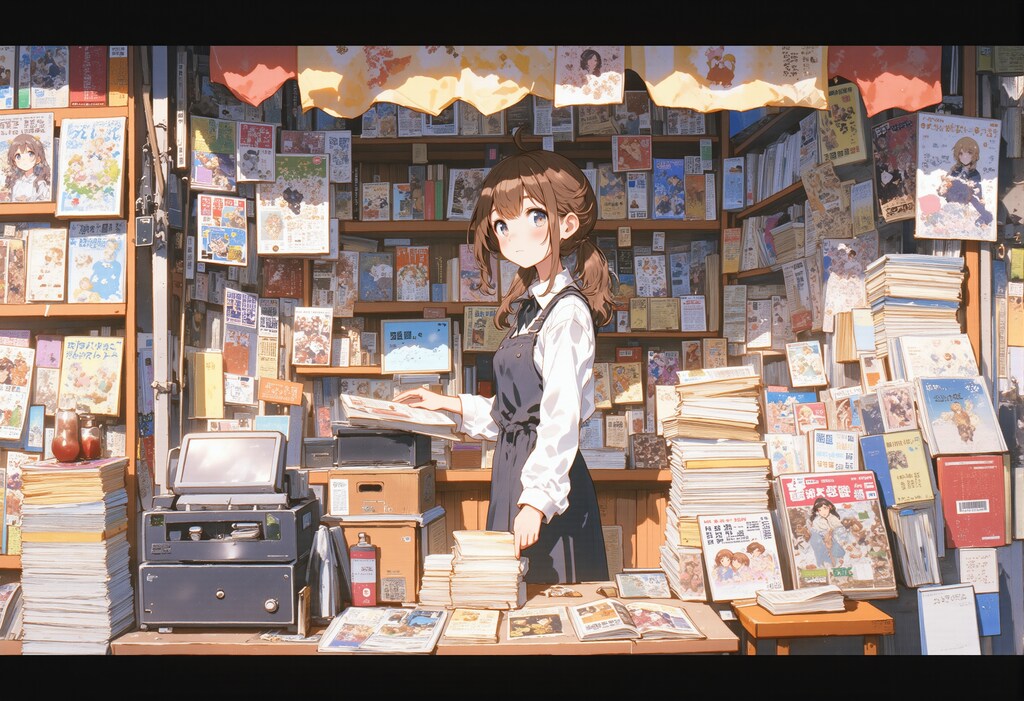本屋さんで店番をする女の子