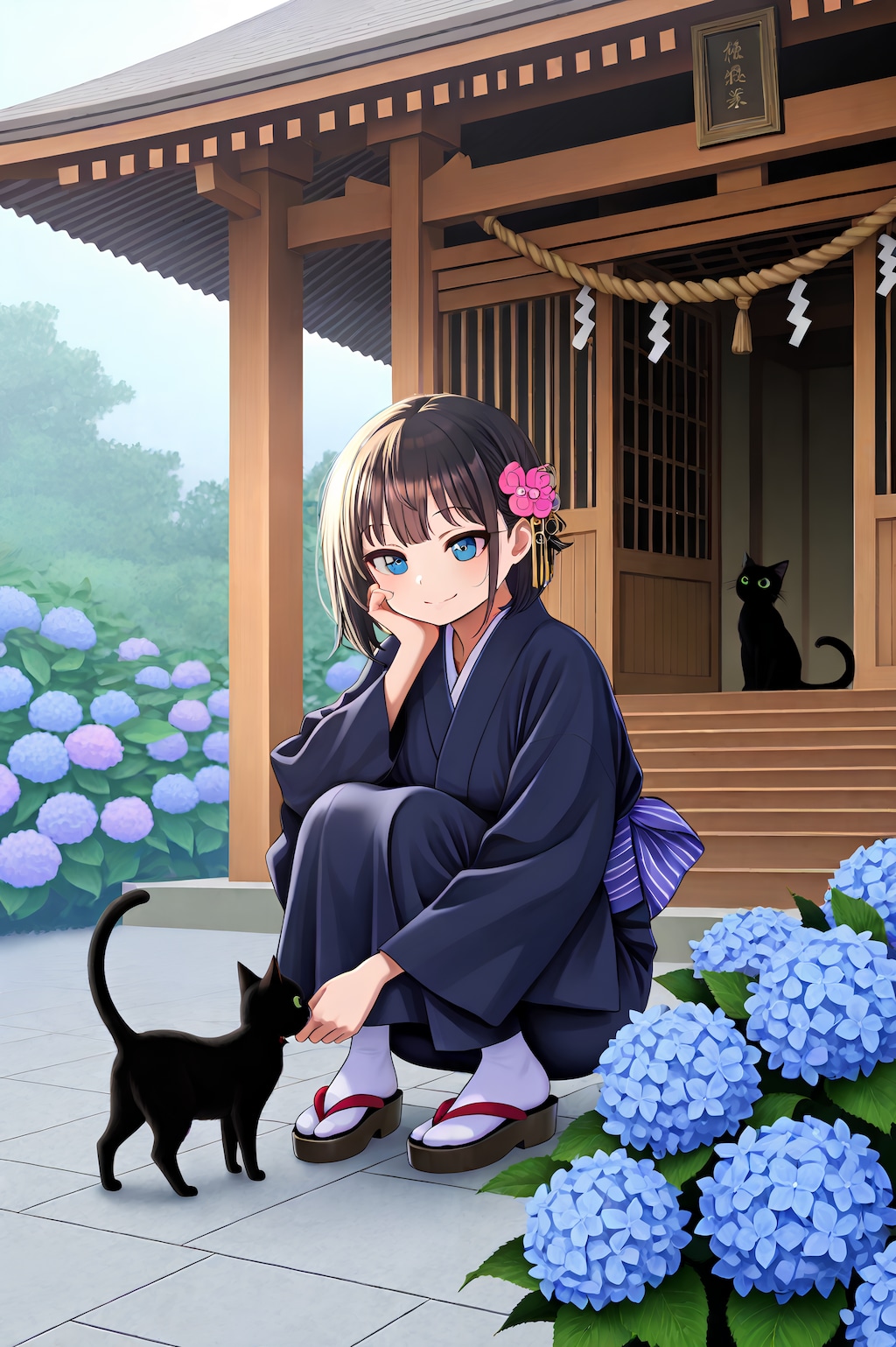 神社の黒猫と美女