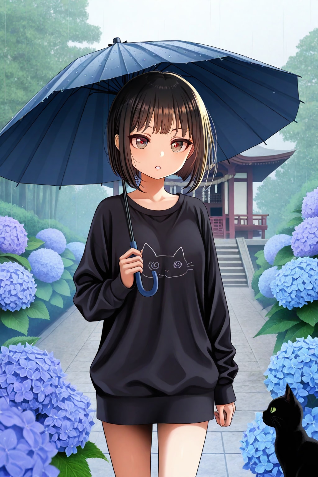 神社の黒猫と美女